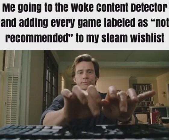 Meme, Me going to the Woke Content Detector and adding every game labeled as “not recommended” to my steam wishlist