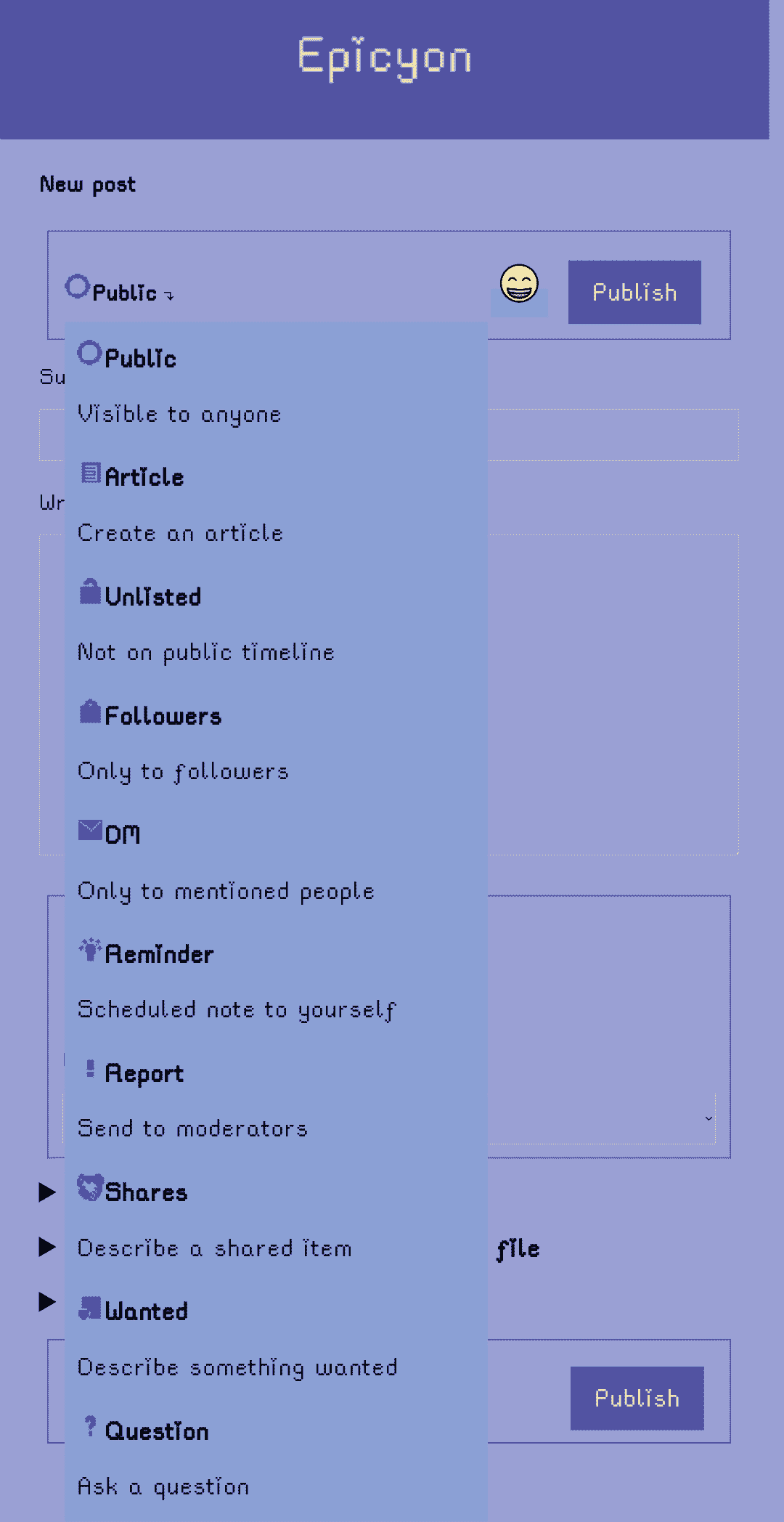 Schermata di pubblicazione, con il menu di selezione di modalità aperto (vista con il tema "Pixel").