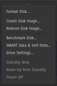 Il menu globale a comparsa di GNOME Disks, che presenta alcune funzioni speciali.