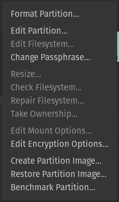 Il menu di opzioni di una partizione su GNOME Disks.