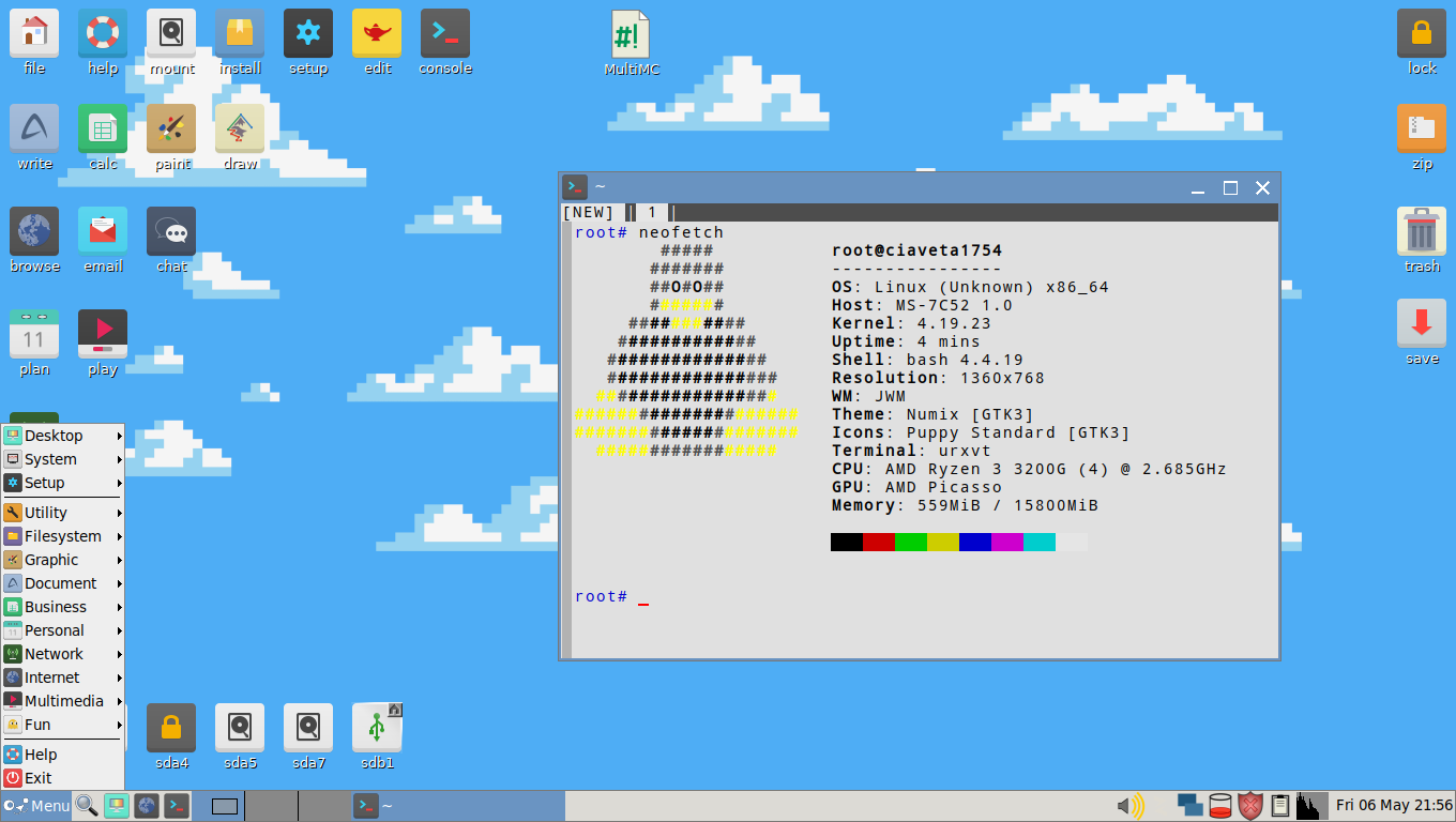 Schermata del desktop del mio Puppy Linux, con neofetch aperto sull'emulatore terminale.